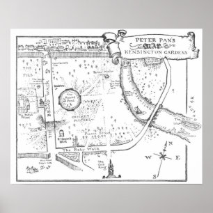 Póster Kensington Gardens Peter Pan B & W Map Poster