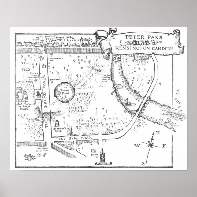 Póster Kensington Gardens Peter Pan B & W Map Poster (Frente)