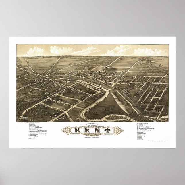 Póster Kent, OH Mapa Panorámico - 1882 (Frente)