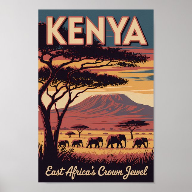Póster Kenya Elephants Illustration Travel Art Vintage (Frente)