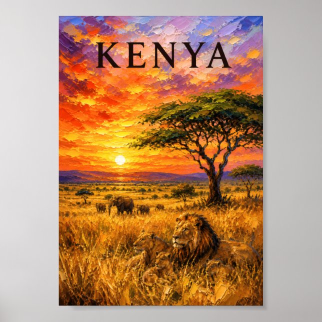 Póster Kenya: Fiery Sunset Safari Art Souvenir (Frente)