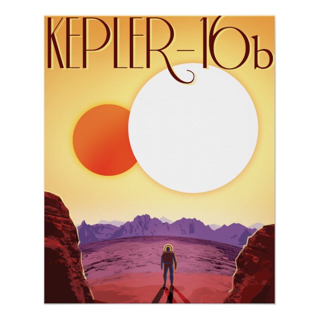 Póster Kepler-16b: Atardecer binario solar en el espacio  (Anverso)
