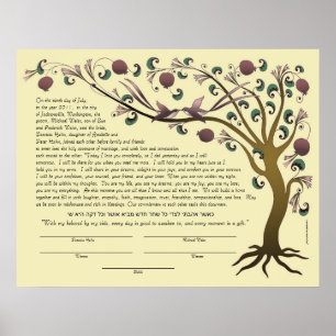 Póster Ketubah del árbol de la vida con cita hebrea (rosa