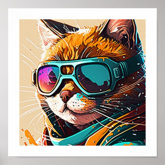 Póster Kewl Beans Guay Cat con retrato de gafas de sol