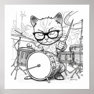 Póster Kewl Jazzy Gato con gafas de sol tocando tambores