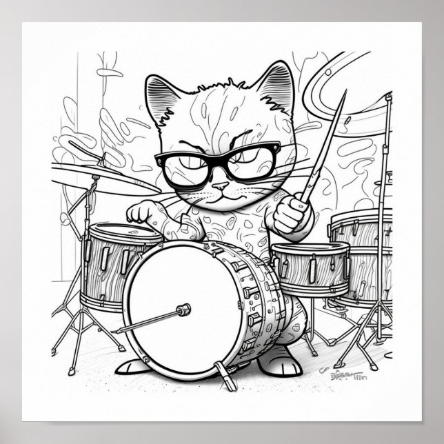 Póster Kewl Jazzy Gato con gafas de sol tocando tambores (Frente)