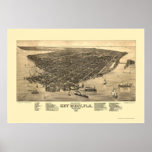 Póster Key West, mapa panorámico de FL - 1884
