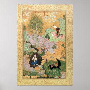 Póster Khusrau ve a Shirin bañándose en un arroyo