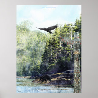 Póster Khutzeymateen Wildlife & Totem Watercolor Art