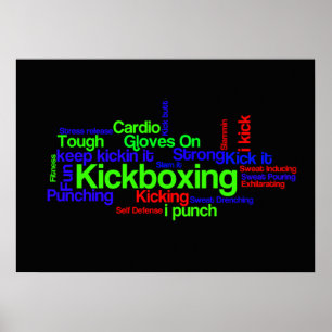 Póster Kickboxing Word Cloud Brillante en negro