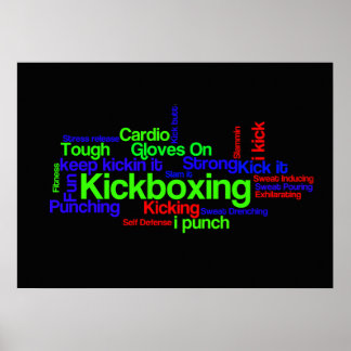 Póster Kickboxing Word Cloud Brillante en negro