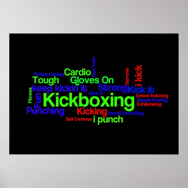 Póster Kickboxing Word Cloud Brillante en negro (Frente)