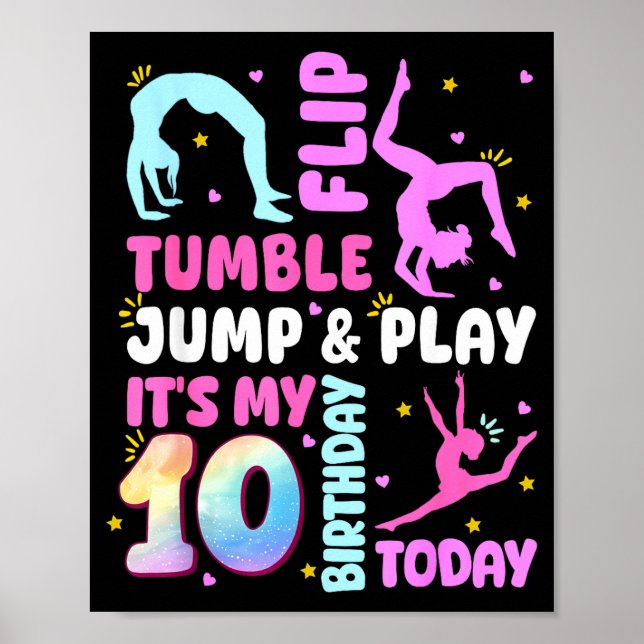 Póster Kids 10 Year Old Bday Gymnast 10th Gymnastics Birt (Frente)