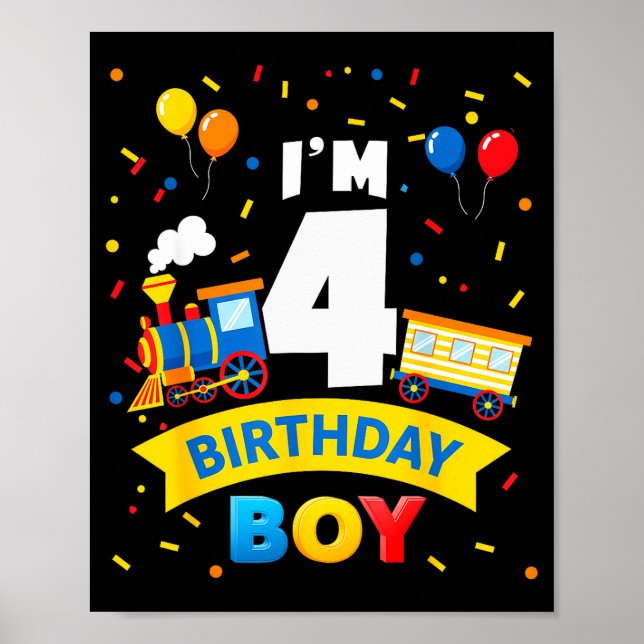 Póster Kids 4th Birthday Boy Train Four 4 Year Old Birthd (Frente)