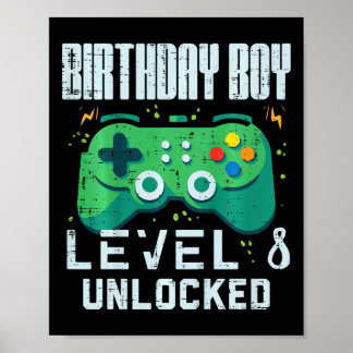 Póster Kids Birthday Boy Level 8 Unlocked Gamer Controlle