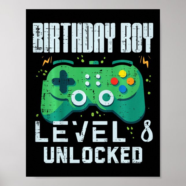 Póster Kids Birthday Boy Level 8 Unlocked Gamer Controlle (Frente)