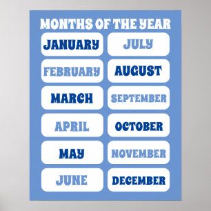 Póster Kids Cute Blue Months Of The Year Learning Nursery