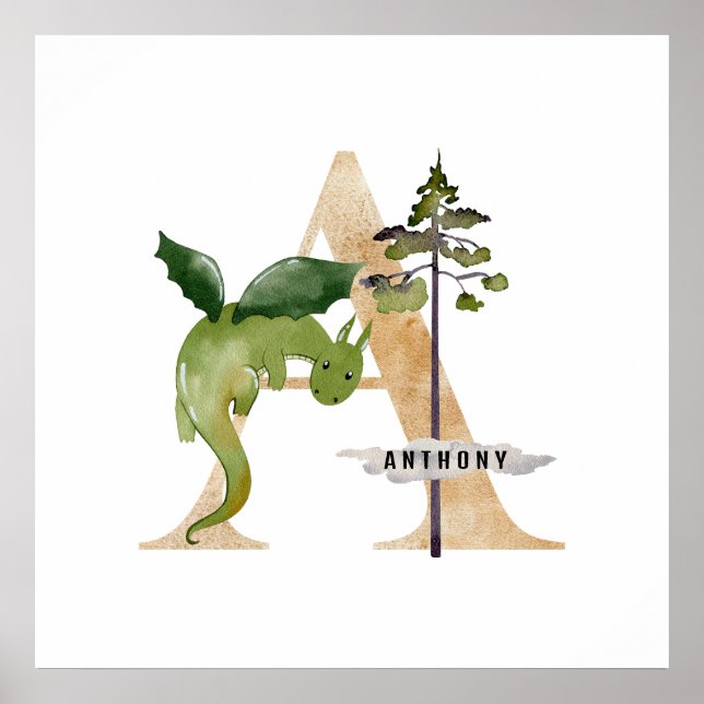 Póster Kids Dragon Nombre Personalizado Monograma A Sala  (Frente)