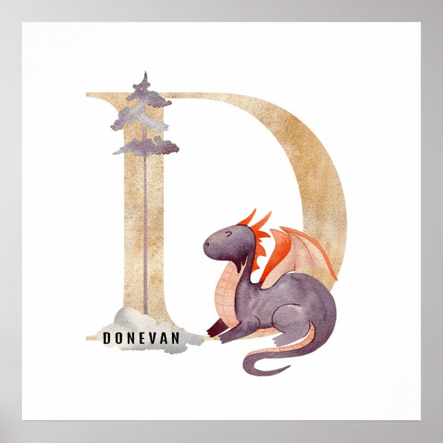 Póster Kids Dragon Nombre Personalizado Monograma D Sala  (Frente)