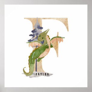 Póster Kids Dragon Nombre Personalizado Monograma F Sala 