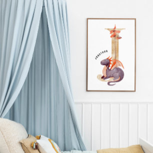Póster Kids Dragon Nombre Personalizado Monograma J Sala