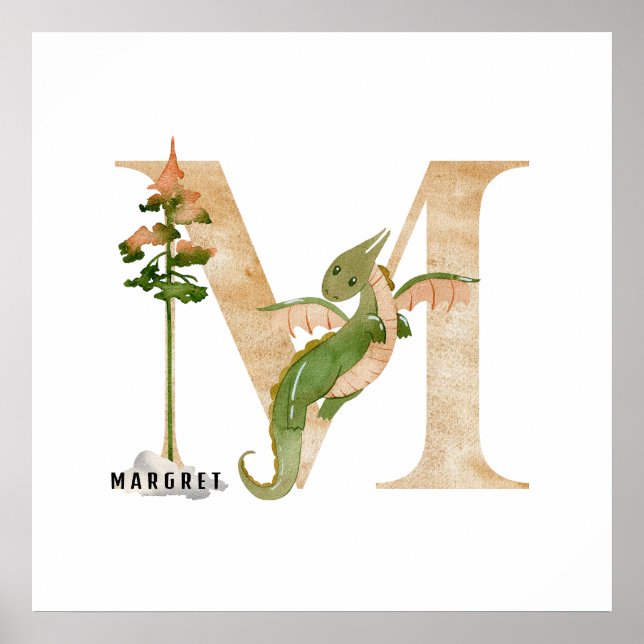 Póster Kids Dragon Nombre Personalizado Monograma M Sala  (Frente)