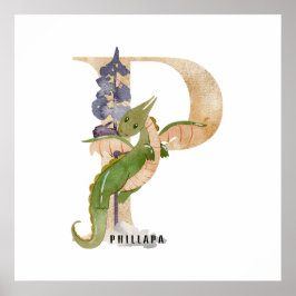 Póster Kids Dragon Nombre Personalizado Monograma P Sala 