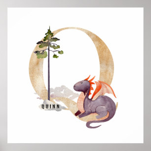 Póster Kids Dragon Nombre Personalizado Monograma Q Sala 