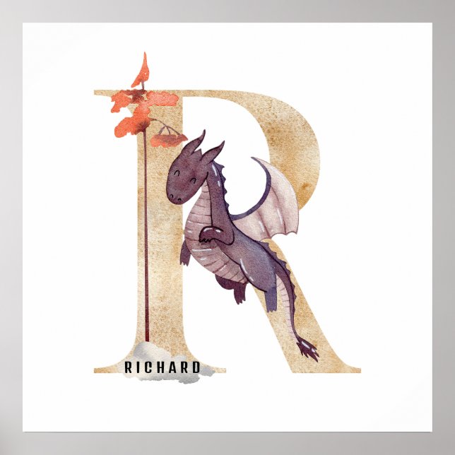 Póster Kids Dragon Nombre Personalizado Monograma R Sala  (Frente)