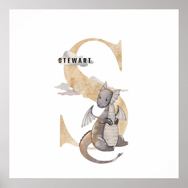 Póster Kids Dragon Nombre Personalizado Monograma S Sala  (Frente)