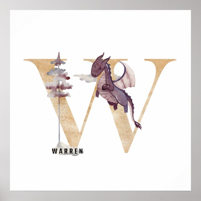 Póster Kids Dragon Nombre Personalizado Monograma W Sala  (Frente)