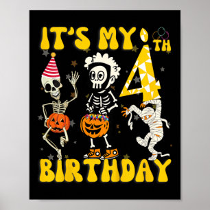Póster Kids It's My 4º Birthday Boy Funny Skeleton Pumpk