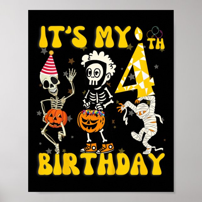 Póster Kids It's My 4º Birthday Boy Funny Skeleton Pumpk (Frente)