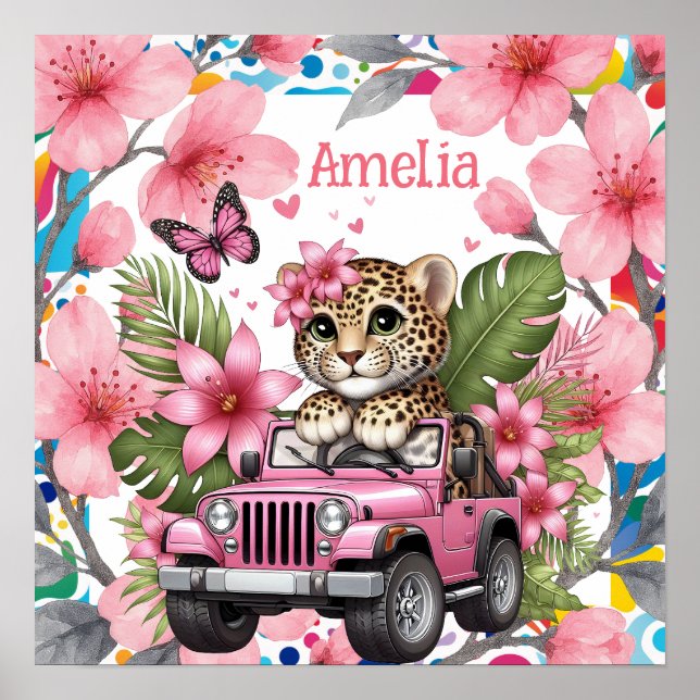 Póster Kids Name & Floral Baby Jungle Animals Nursery  (Frente)