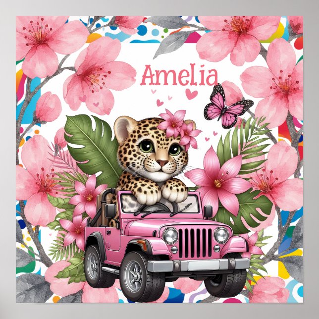 Póster Kids Name & Floral Baby Jungle Animals Nursery  (Frente)