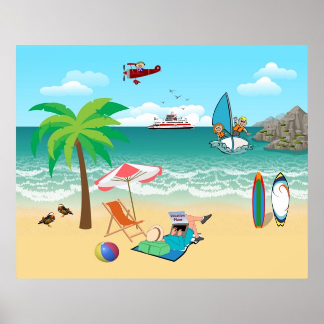 Póster Kids Sailing, Mom Sun Tanning - Fun Beach Vacation (Frente)