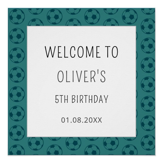 Póster Kids Soccer Ball Blue Boys Birthday Welcome sign (Anverso)
