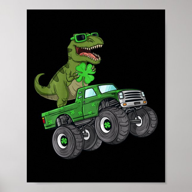 Póster Kids St Patricks Day T Rex Riding Monster Truck To (Frente)