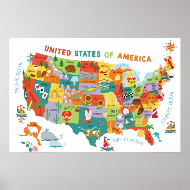 Póster Kids US Map Whimsical Personalizado Art Estados Un (Frente)