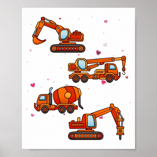 Póster Kids Valentines Day Construction Trucks Boys Kids  (Frente)