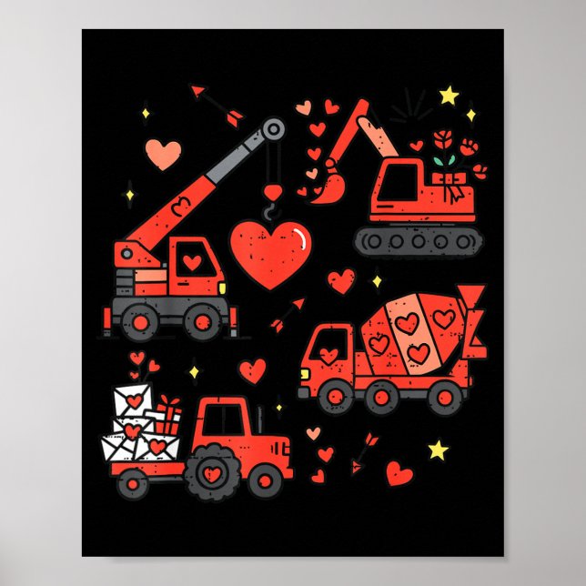 Póster Kids Valentines Day Construction Trucks Funny Boys (Frente)