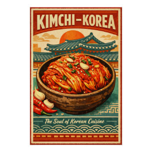 Póster Kimchi coreano tradicional en un audaz estilo vint