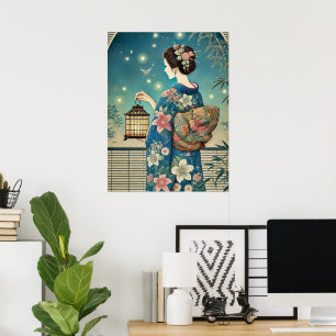 Póster kimono de verano y luciérnagas