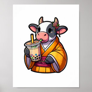 Póster Kimono japonés con té de burbuja para beber vacas