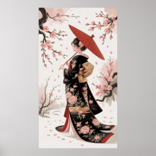 Póster Kimono y flores de cerezo