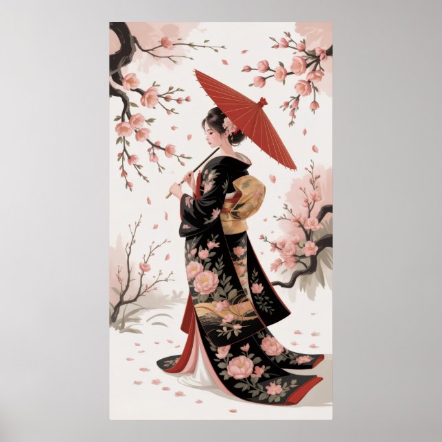 Póster Kimono y flores de cerezo (Frente)
