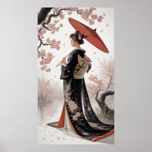 Póster Kimono y flores de cerezo