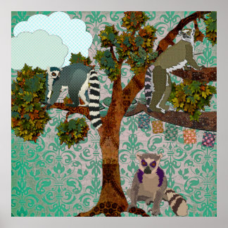 Póster King Jullian Y Lemurs En Una Damasco Verde De Limb
