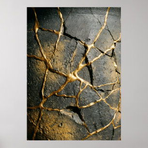 Póster Kintsugi Japonés Piedra Oscura Agrietada Oro Wabi