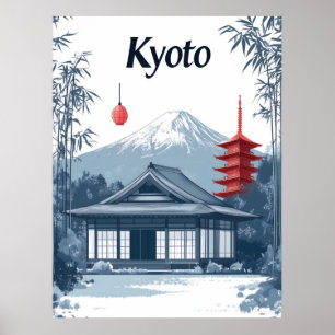 Póster Kioto: Templo japonés, pagoda y montaña